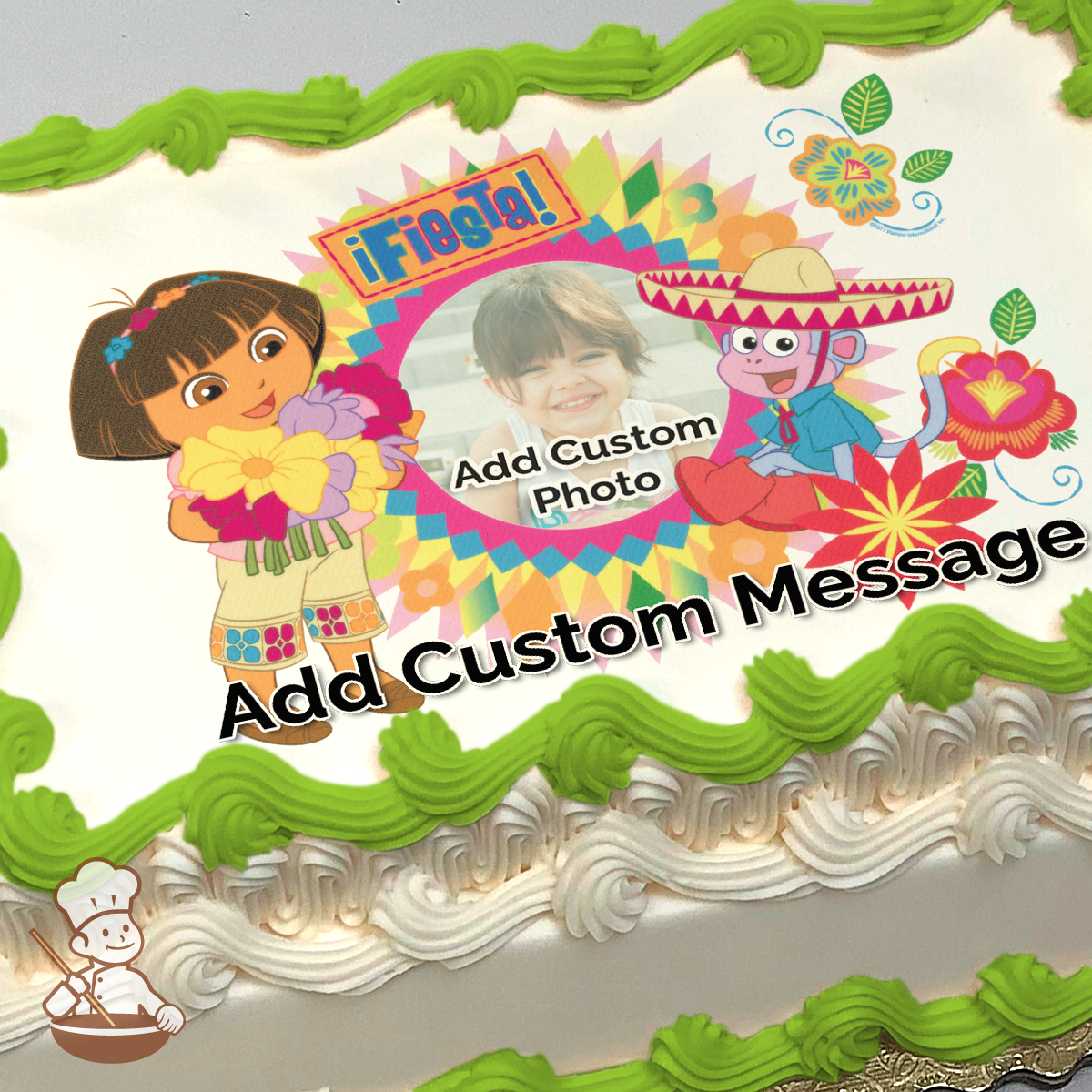 Dora and Boots in festive attire with a "Fiesta!" banner, colorful patterns, and flowers, printed on a sheet cake.