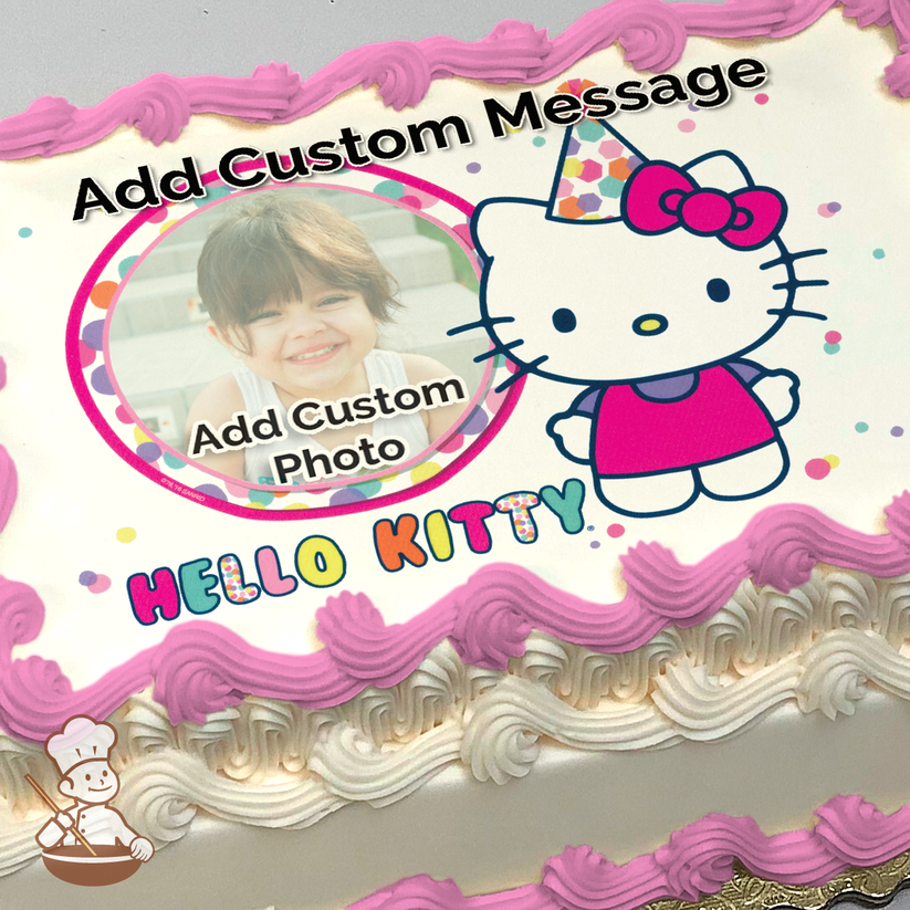 Hello Kitty in party hat with a colorful confetti background, printed on a sheet cake.