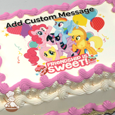 Illustration of the Mane Six from My Little Pony G4 surrounded by colorful balloons, printed on a sheet cake.