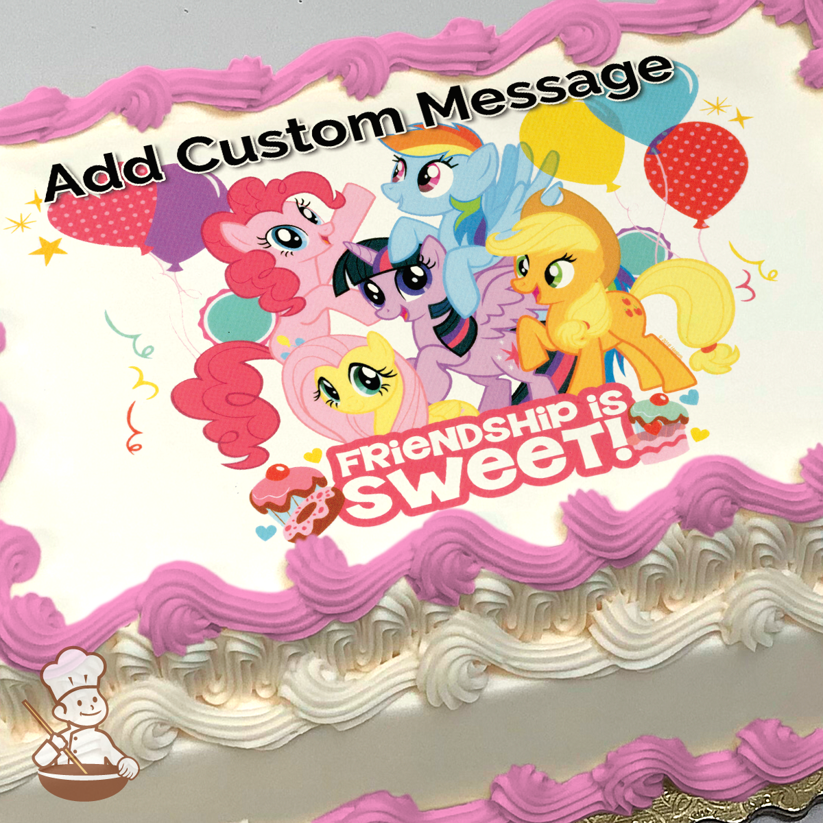 Illustration of the Mane Six from My Little Pony G4 surrounded by colorful balloons, printed on a sheet cake.