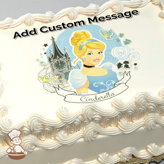Cinderella with animal friends and castle in the background, printed on a sheet cake.