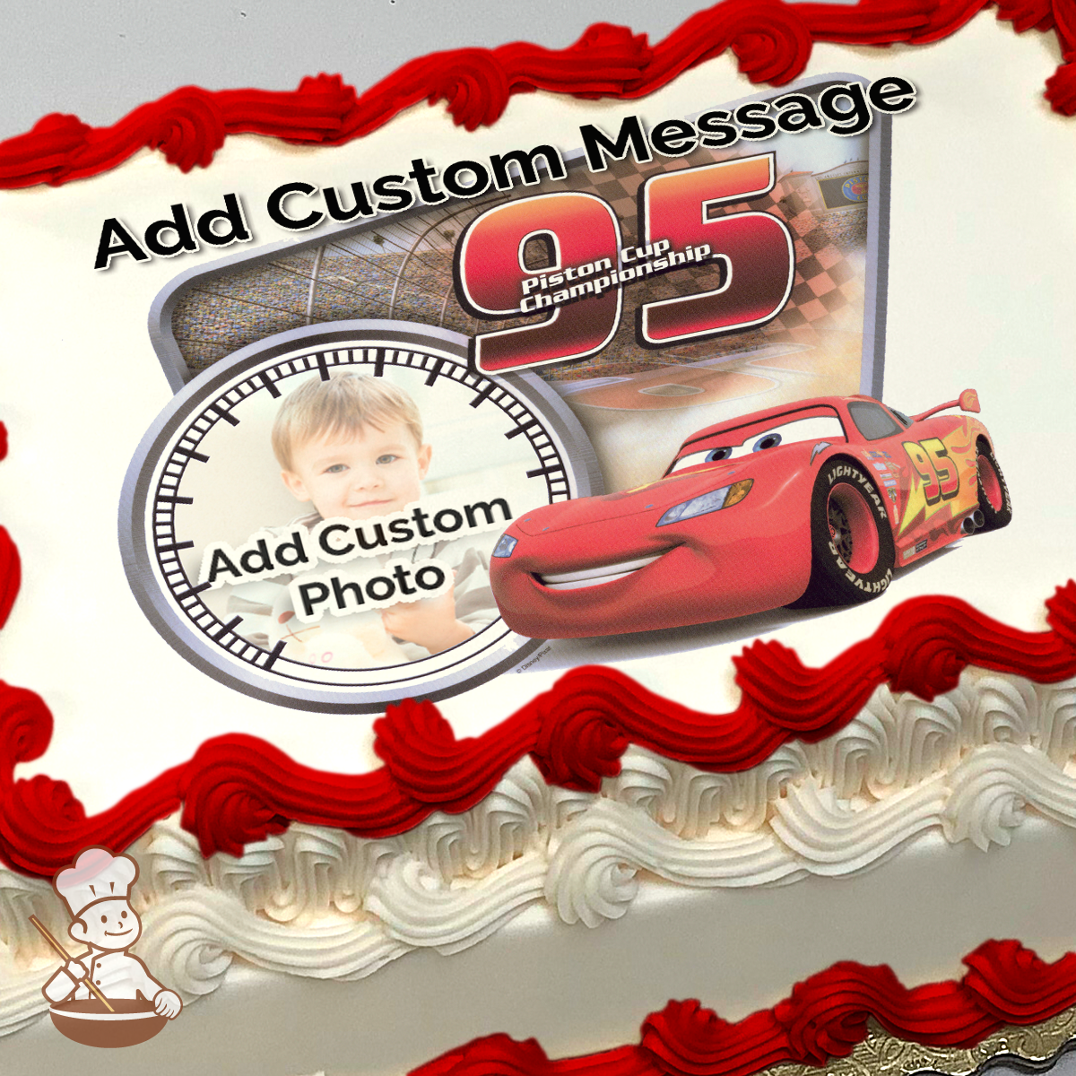Lightning McQueen from Cars with a racetrack background, printed on a sheet cake.