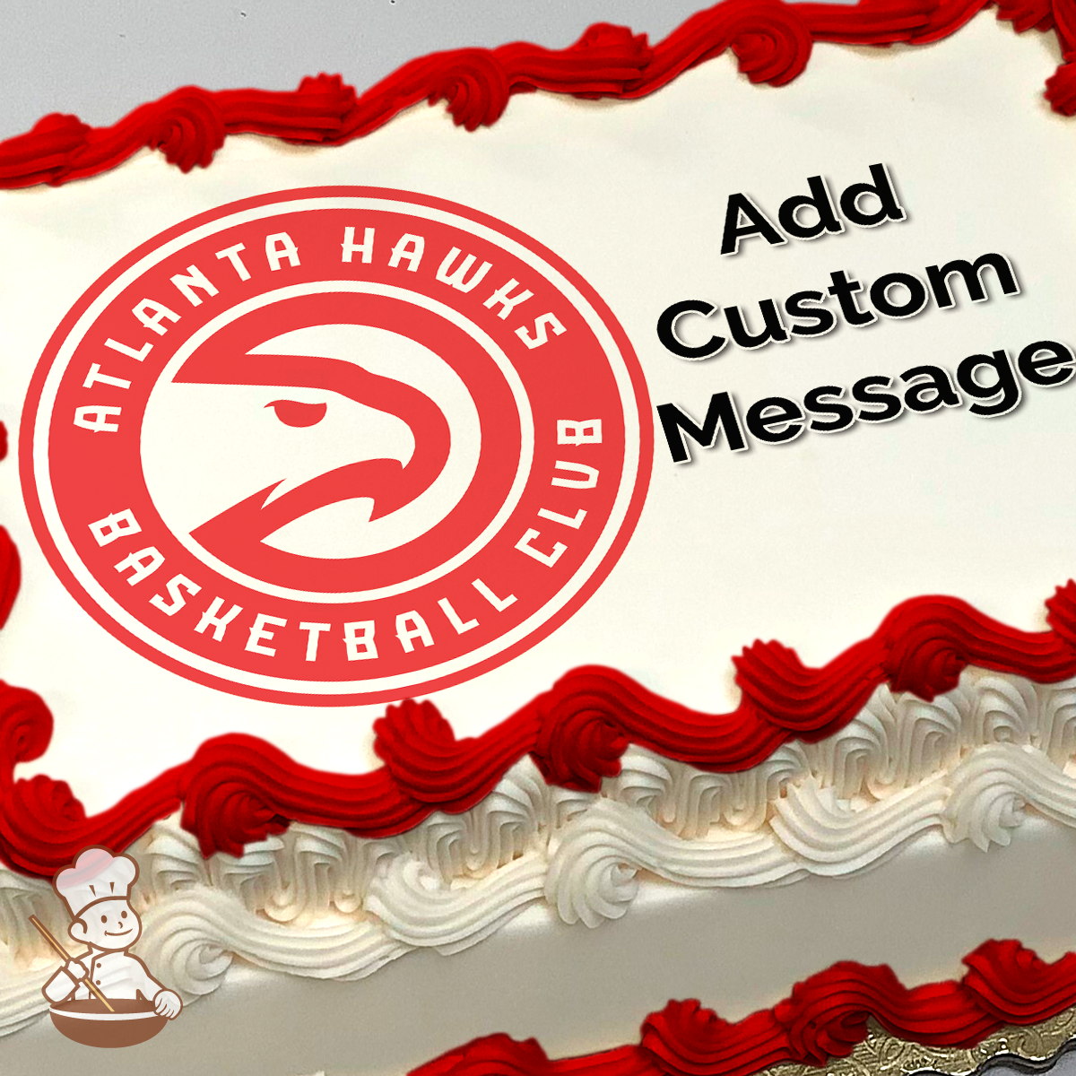 Atlanta Hawks basketball team logo with a red and white color scheme, printed on a sheet cake.