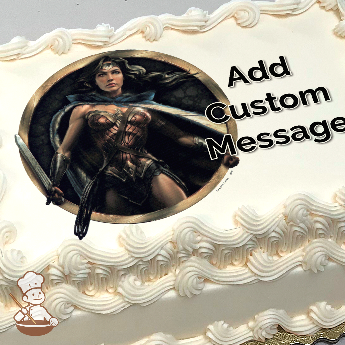 Wonder Woman in battle armor with a sword, set within a circular frame, printed on a sheet cake.