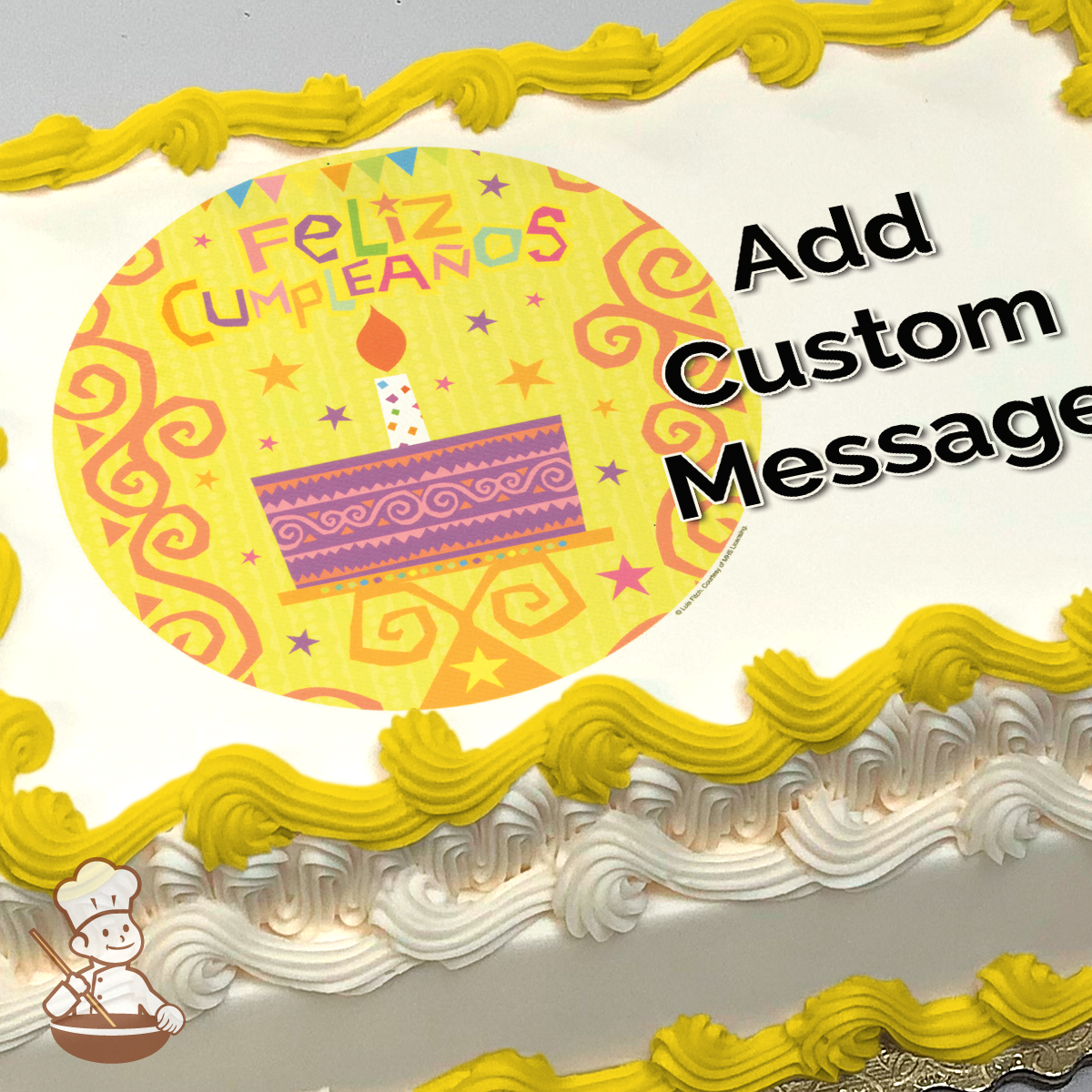 A birthday cake with a candle and "Feliz Cumpleaños" text on a yellow background with swirls and stars, printed on a sheet cake.