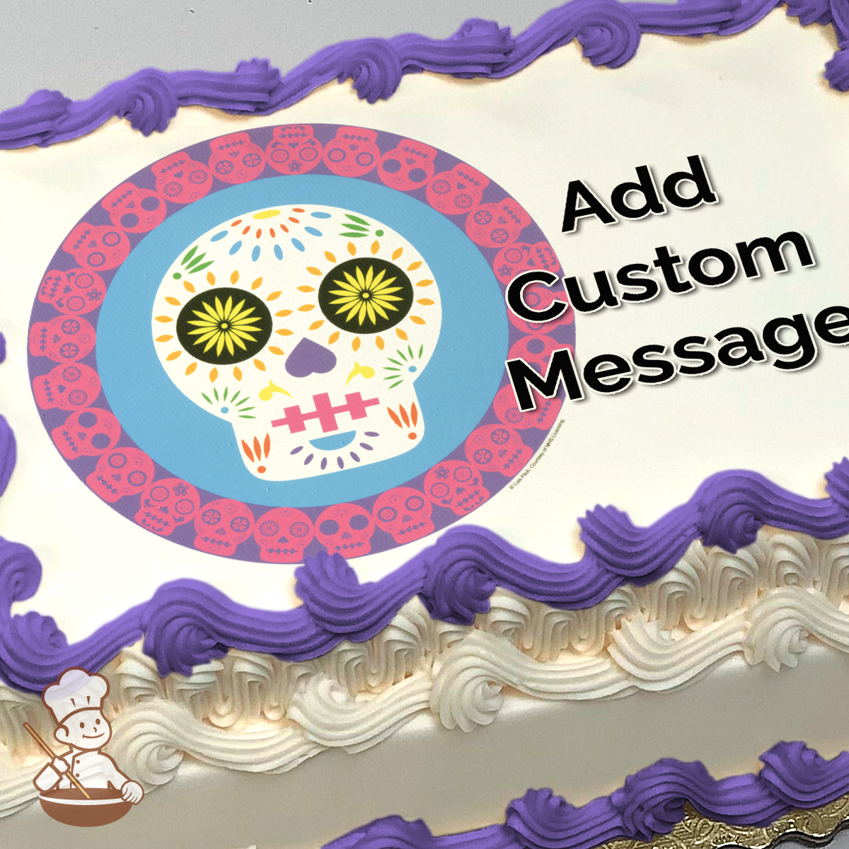 Colorful Dia de los Muertos sugar skull with floral patterns on a vibrant circular background, printed on a sheet cake.
