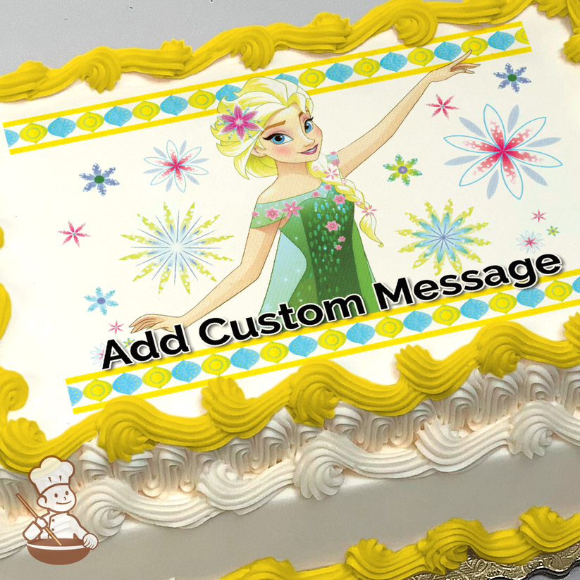 Elsa in green dress with flowers, colorful snowflakes, on a summer-themed background, printed on a sheet cake.