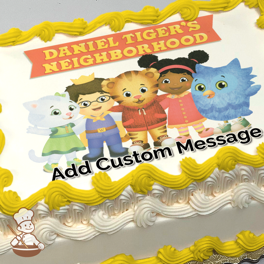 Daniel Tiger with friends Katerina Kittycat and O the Owl, standing together, cheerful, on a Daniel Tiger's Neighborhood cake print.