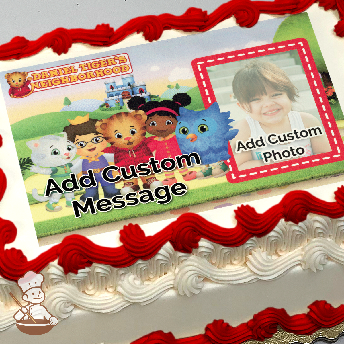 Daniel Tiger and friends from "Daniel Tiger's Neighborhood" with a castle in the background, printed on a sheet cake.