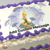 Tinker Bell sitting on flowers with a whimsical purple floral background, printed on a sheet cake.