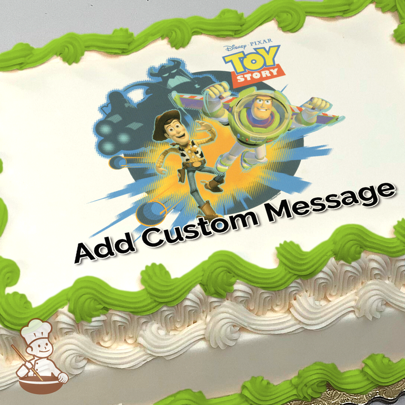 Illustration of Woody and Buzz Lightyear from Toy Story, with dynamic poses, printed on a sheet cake.
