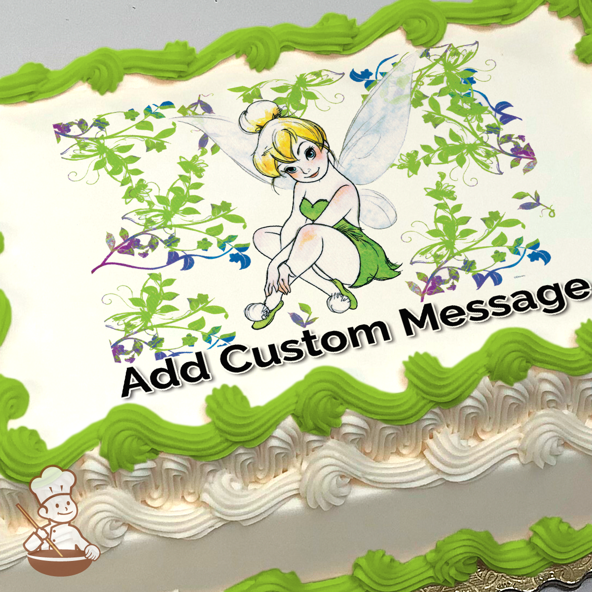 Illustration of Tinker Bell sitting amidst green and purple foliage on a sheet cake.