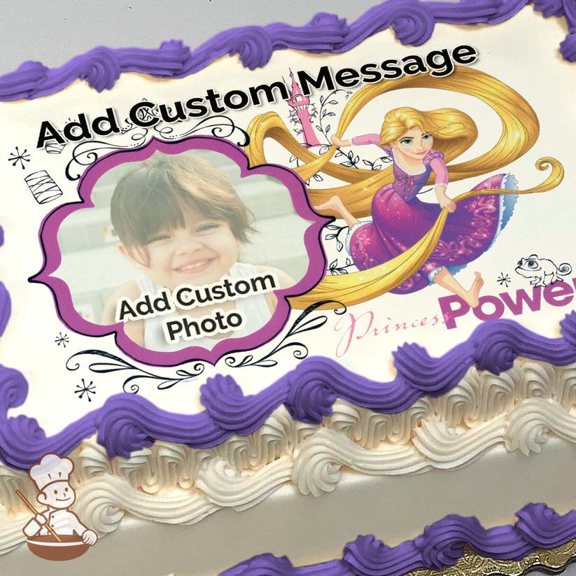 Rapunzel with long golden hair, next to text "Princess Power," on a sheet cake.