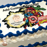 Marvel superheroes Captain America, Iron Man, and Hulk in action with friends, on a vibrant comic-style background, printed on a sheet cake.