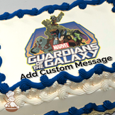 Guardians of the Galaxy characters Star-Lord, Groot, and Rocket in action poses with friends, printed on a sheet cake.