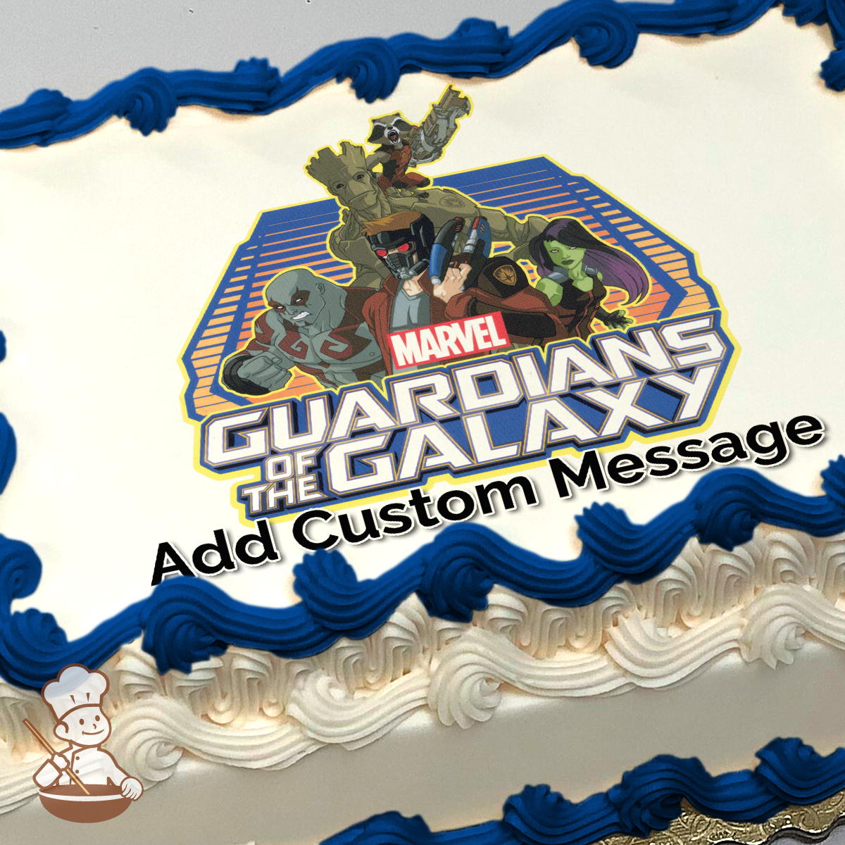 Guardians of the Galaxy characters Star-Lord, Groot, and Rocket in action poses with friends, printed on a sheet cake.