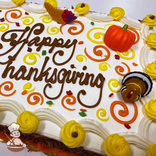 Modern Thanksgiving sheet cake with hand piped buttercream scrolls, pumpkins, turkey, cornucopia, sprinkles and autumn decoration.
