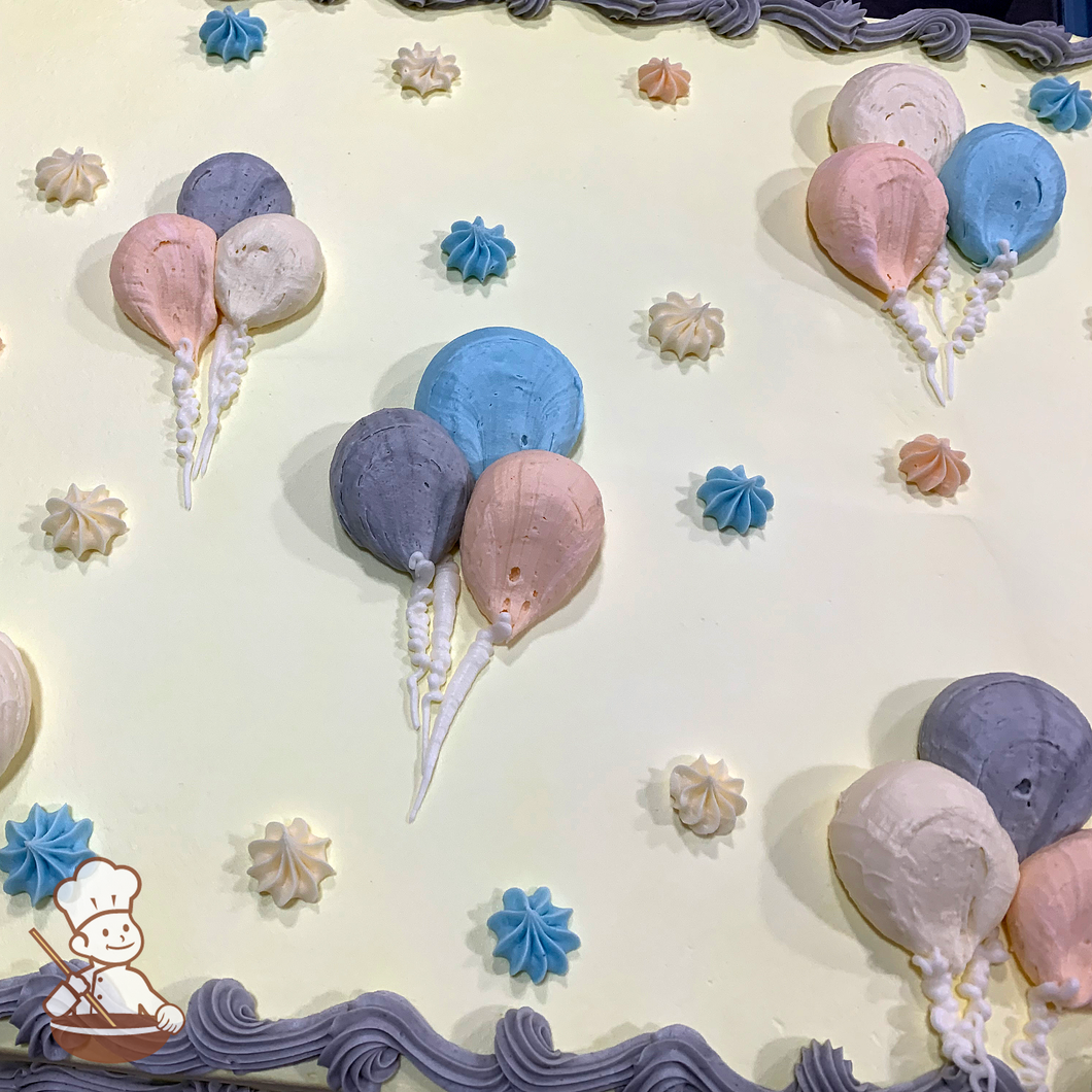 Popular sheet cake with hand piped triple buttercream balloon bouquets and stars.
