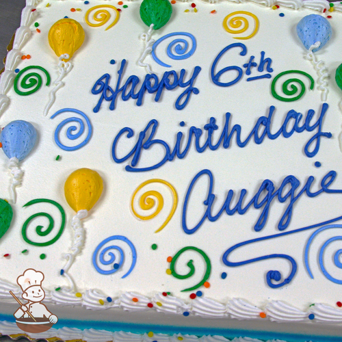 Popular sheet cake with hand piped buttercream balloons, swirls and sprinkles.