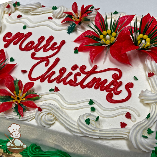 Holiday sheet cake with Christmas poinsettias and sprinkles.