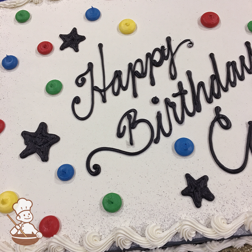 Festive sheet cake with buttercream piped stars and dots.