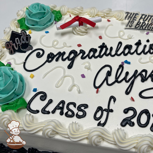 Graduation sheet cake with buttercream roses, confettie streamers, and toys: grad's cap, diploma and The Future is Bright.