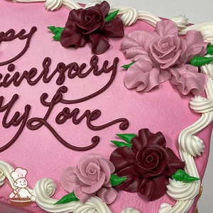 Anniversary sheet cake with Hawaiian flowers and background color.