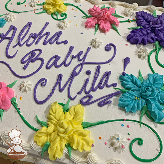 Baby shower sheet cake with Island flowers on vines.