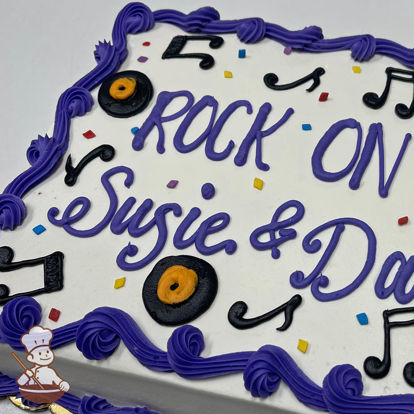 Birthday sheet cake with sprinkles and buttercream music notes and records.