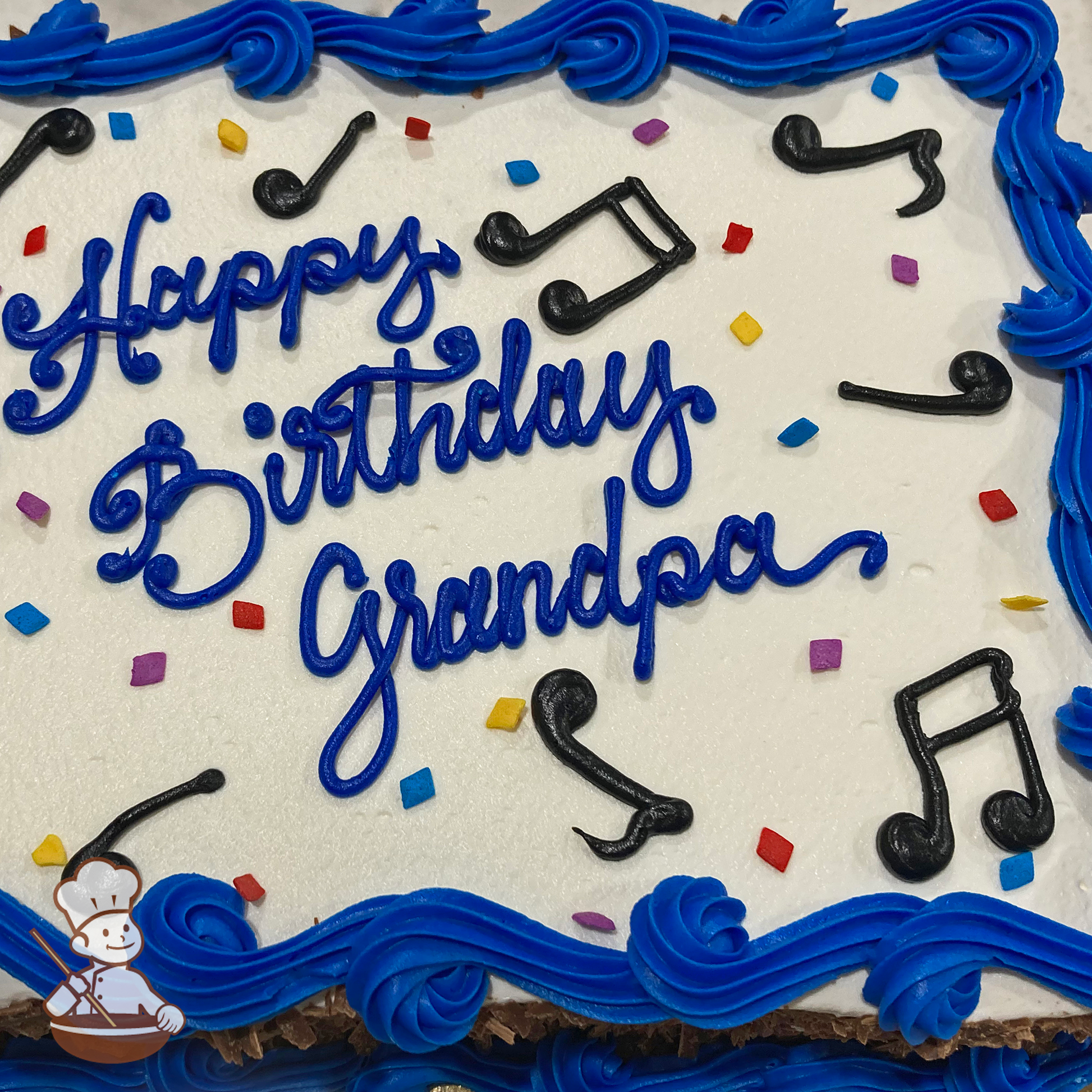 Birthday sheet cake with buttercream music notes and sprinkles.