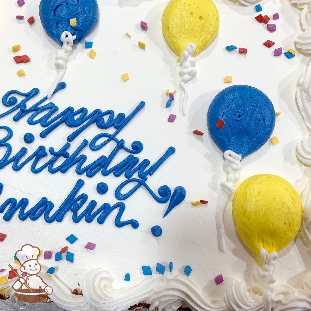 Birthday sheet cake with buttercream balloons and sprinkles.