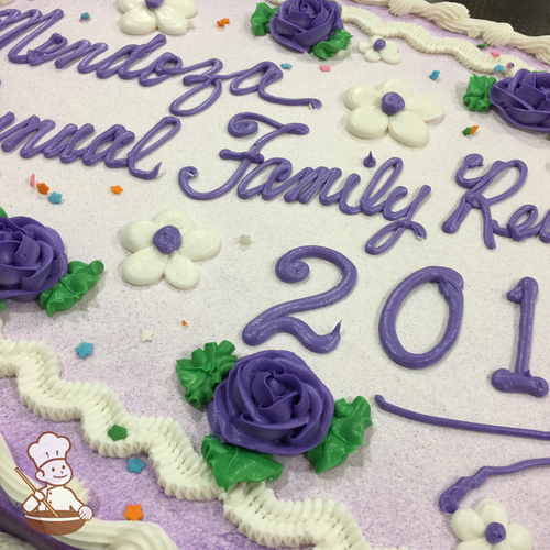 Family reunion sheet cake with buttercream roses and daisy flowers.