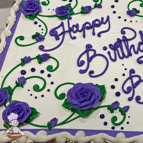 Birthday sheet cake with buttercream roses and rosebuds on vines and cascading dots.
