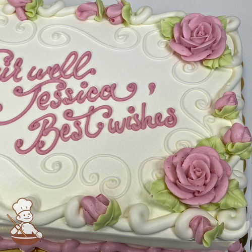 Farewell sheet cake with buttercream roses, rosebuds and scrolls.
