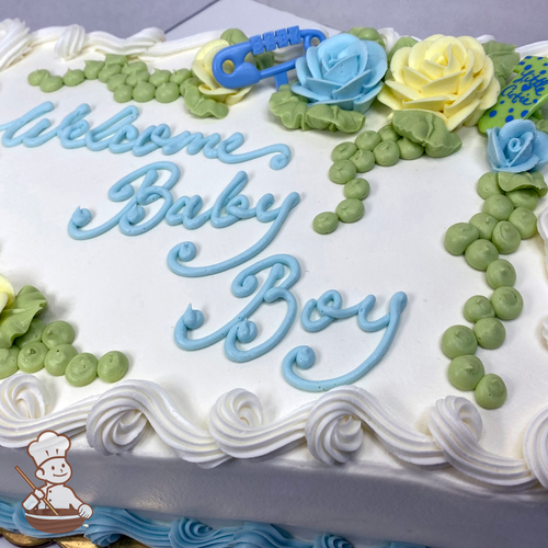 Baby shower sheet cake with buttercream roses, string of pearls succulents, and baby clothes pin toy.