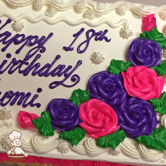 Birthday sheet cake with buttercream roses and star tips.