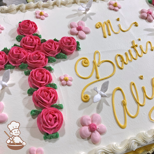 Baptism sheet cake with buttercream scrolls, cascading dots and roses in form of a cross with toy doves.