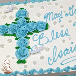 Religious celebration sheet cake with buttercream start tips and roses in form of a cross with toy doves.