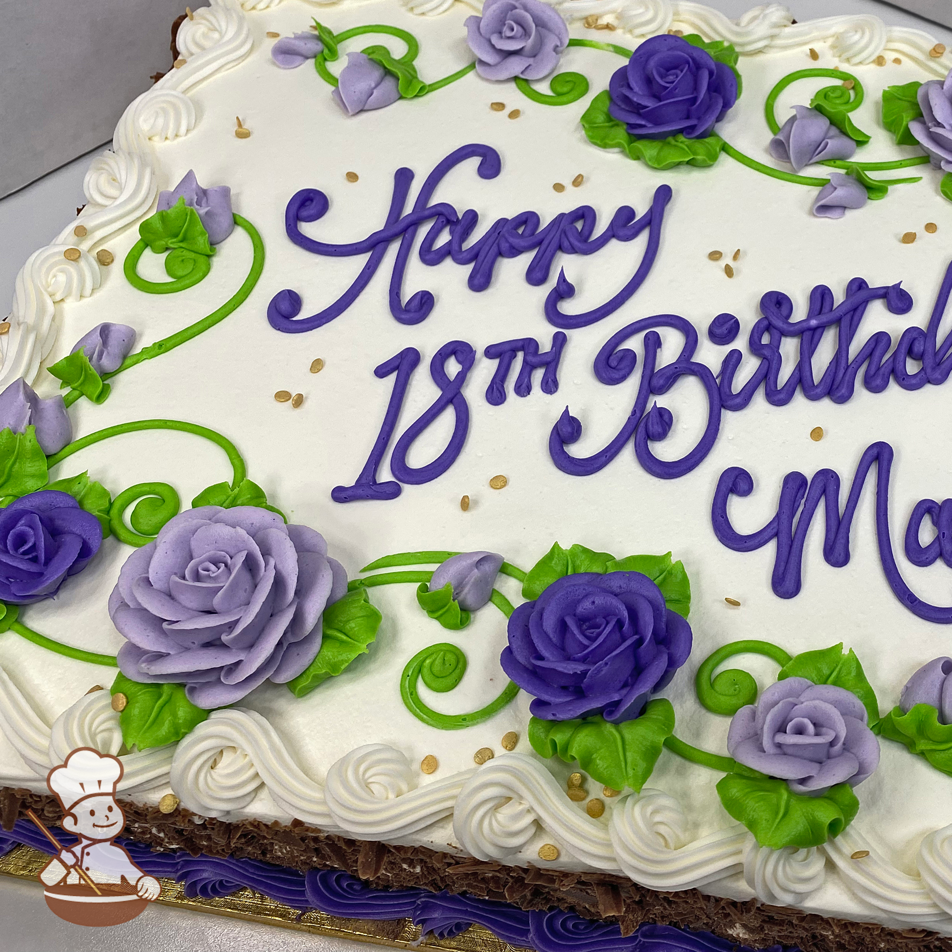 Birthday sheet cakes with buttercream roses and rosebuds on vines with gold sprinkles.