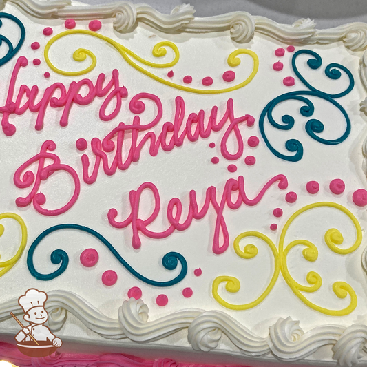 Birthday sheet cake with colorful scrolls and cascading dots.