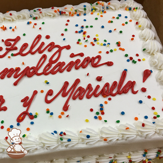 Birthday sheet cake with colorful sprinkles.