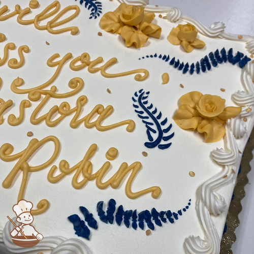 Farewell sheet cake with buttercream Hawaiian flowers and Greek leaf patterns and sprinkles.