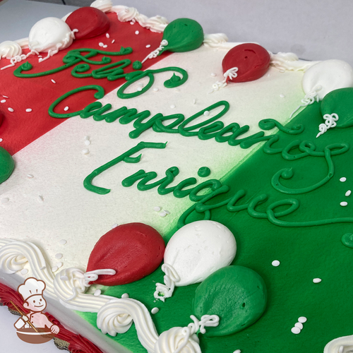 Birthday sheet cake with buttercream balloons and flag colors sprayed in green, white and red.