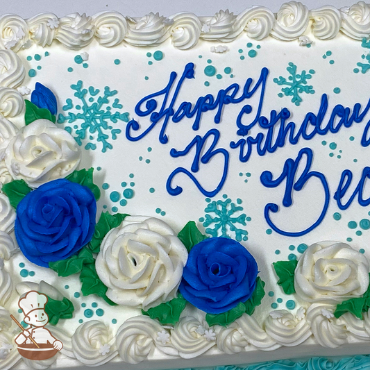 Birthday sheet cake with buttercream roses and snowflakes.