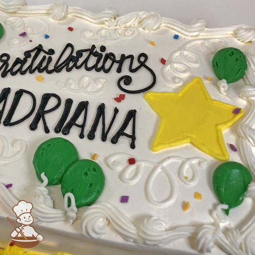 Graduation sheet cake with buttercream balloons, confetti ribbons, and star and sprinkles.