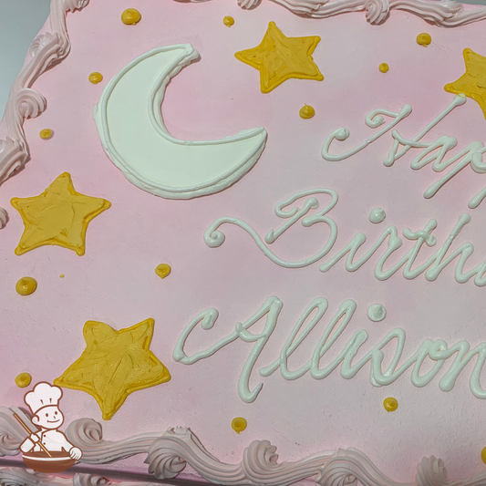 Birthday sheet cake with buttercream stars, crescent moon and dots.