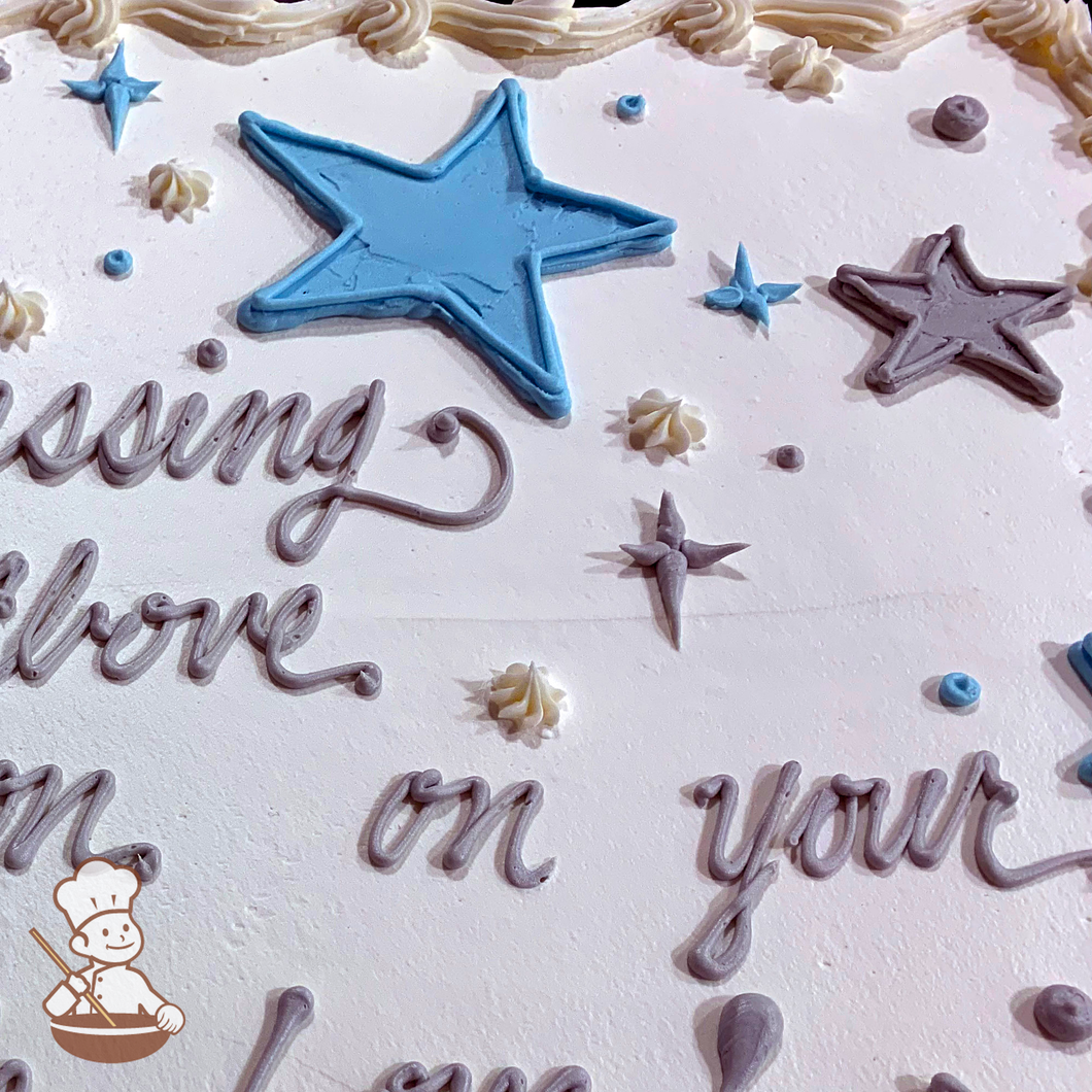 Baptism sheet cake with buttercream stars, star tips, and diamond stars.