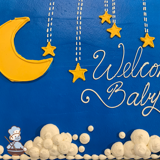 Baby shower sheet cake with buttercream crescent moon and hanging stars baby mobile.
