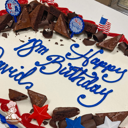 Birthday sheet cake with chocolate brownies, American flag, Share your Sparkle, USA and star toy rings.