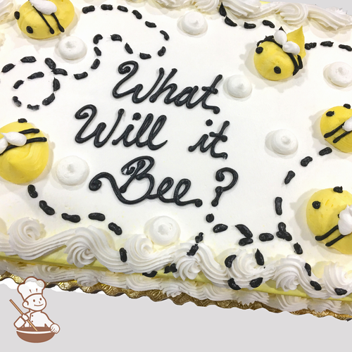 Baby shower sheet cake with buttercream bumble bee and dotted pathway.